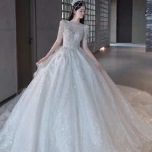 Luxury Crystal Beaded Princess Wedding Gown | Long Sleeve Ball Gown Bridal Dress