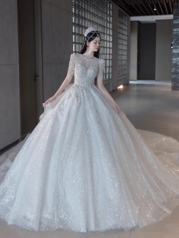 Luxury Crystal Beaded Princess Wedding Gown | Long Sleeve Ball Gown Bridal Dress